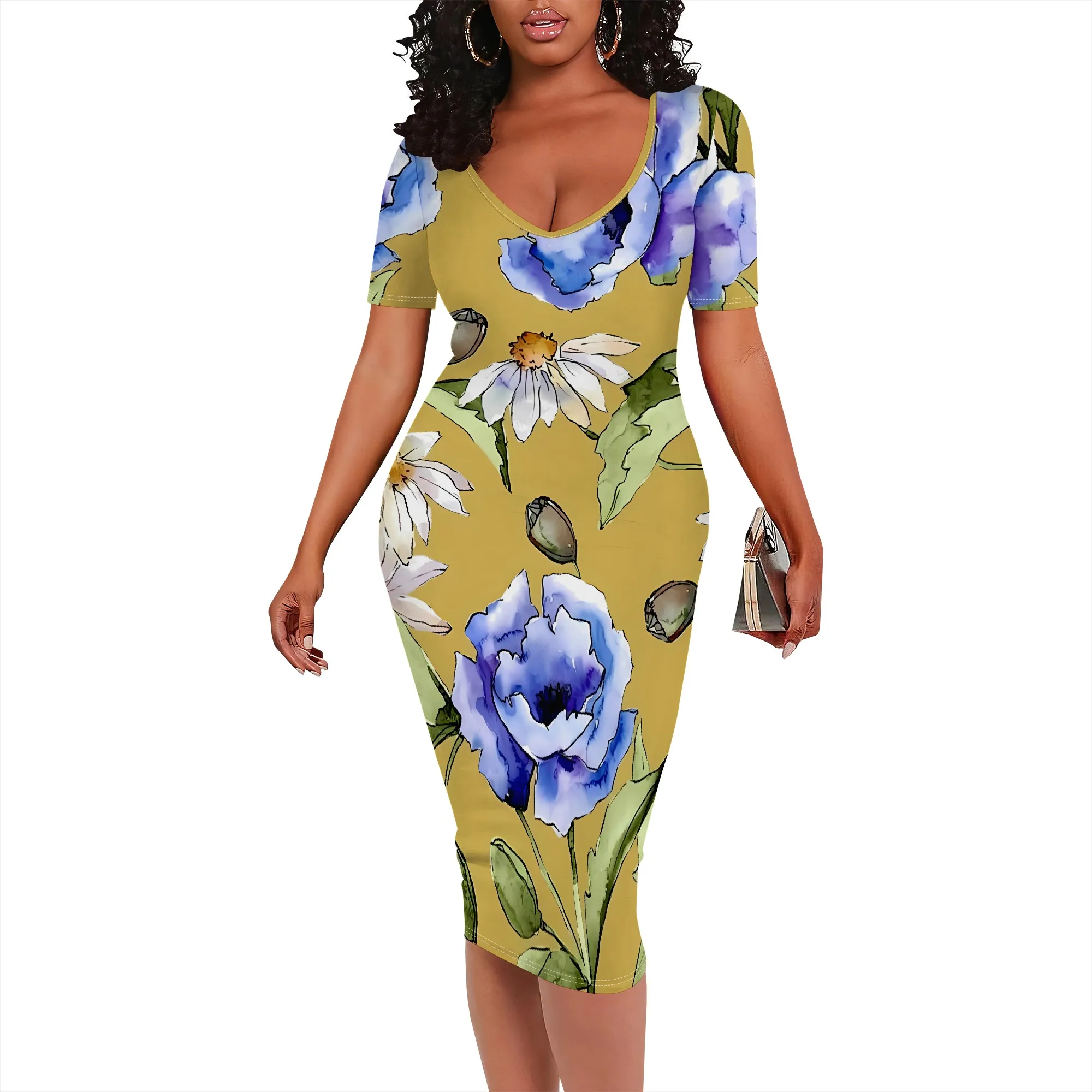 Nupusa Blumendruck, figurbetontes Kleid für Damen, U-Ausschnitt, kurze Ärmel, Sommer, lässiges Midikleid