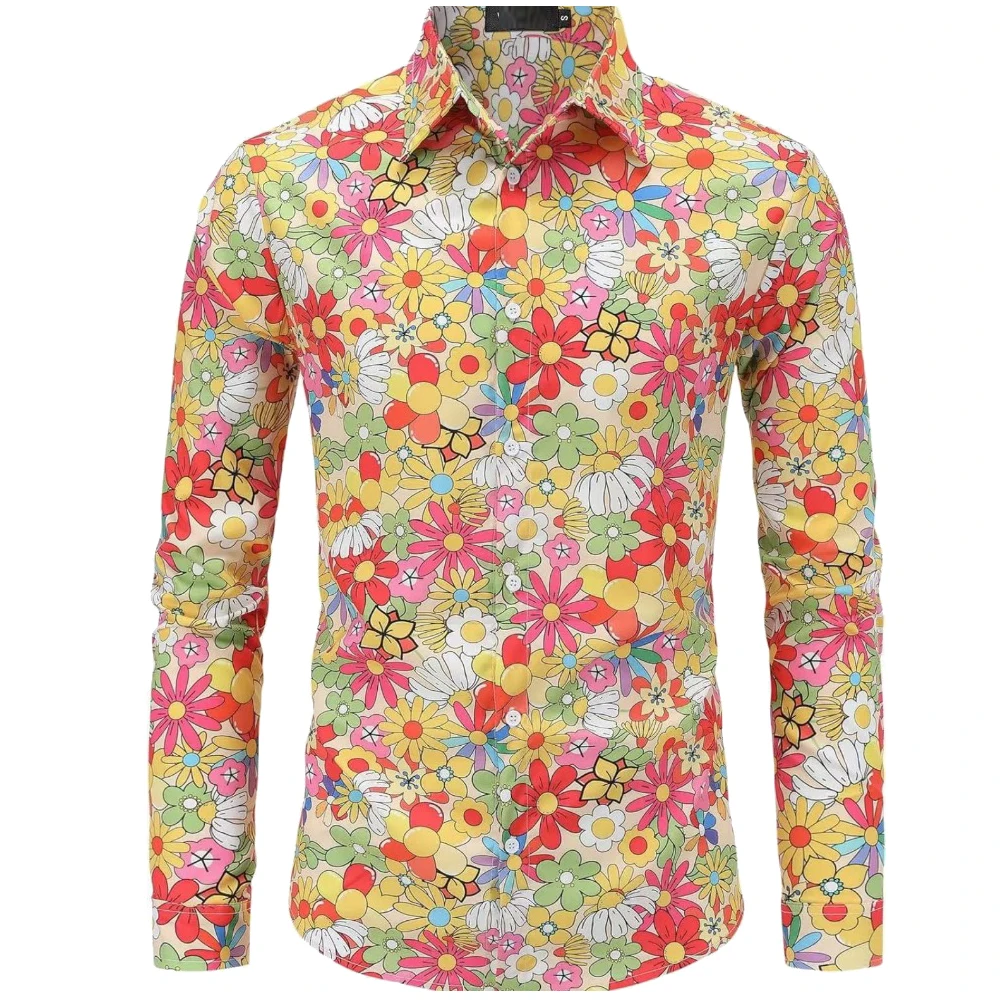 Chemise à manches longues pour hommes, imprimé ethnique des années 70, Chang Hip Hop, chemise décontractée pour hommes, bouton social, chemise vintage florale Paisley