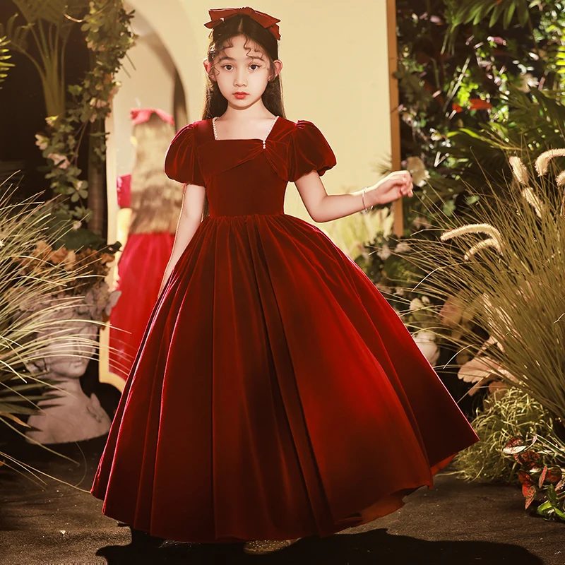 YZYmanualroom Girls high-end red flannelette Junior Bridesmaid dress Beauty Pageant dress Flower girl dress/can be customized