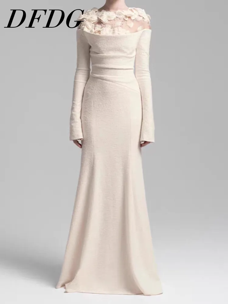 DFDG Vestido largo con textura y apliques florales de diseñador para mujer, elegante vestido de fiesta de Boutique con cintura adelgazante para noche, primavera y otoño, 2025