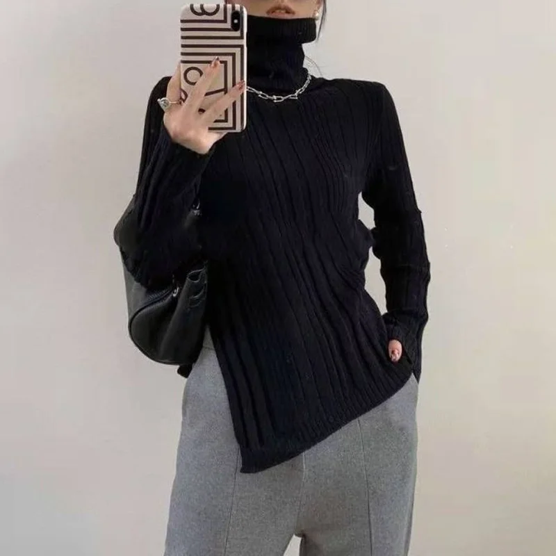 

2023 Autumn and Winter Fashion Simple Solid Color Irregular High Neck Pit Stripe Lazy Cross Fit with Knitted Underlay Sweater