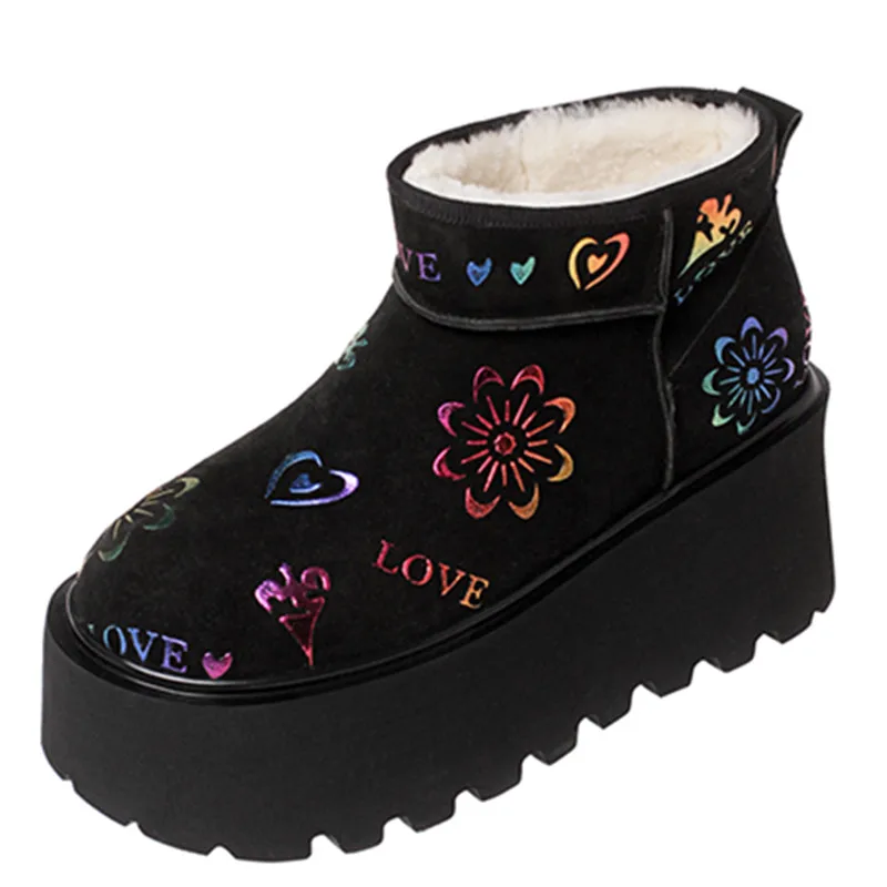 Sexy Charming Women's Snow Boots New Item Pure Wool Graffiti Thick Sole Waterproof Platform Ultra Light Sole Elegant Short Boots