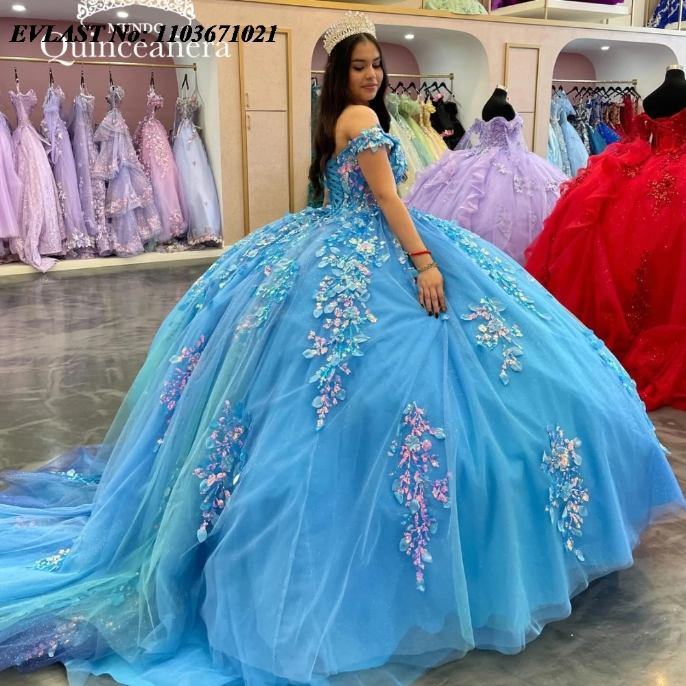 EVLAST Maßgeschneidertes blaues Quinceanera-Kleid, Ballkleid, glänzende Spitze, Perlenstickerei, Kristallkorsett, Sweet 16, Vestidos de 15 Anos SQ657