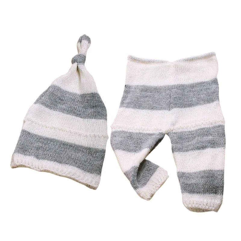 

J15U Knitted Striped Newborn Pants Long Tail Hat Set Unisex Male and Female 0 to 1 Month Baby Photography Clothing Set