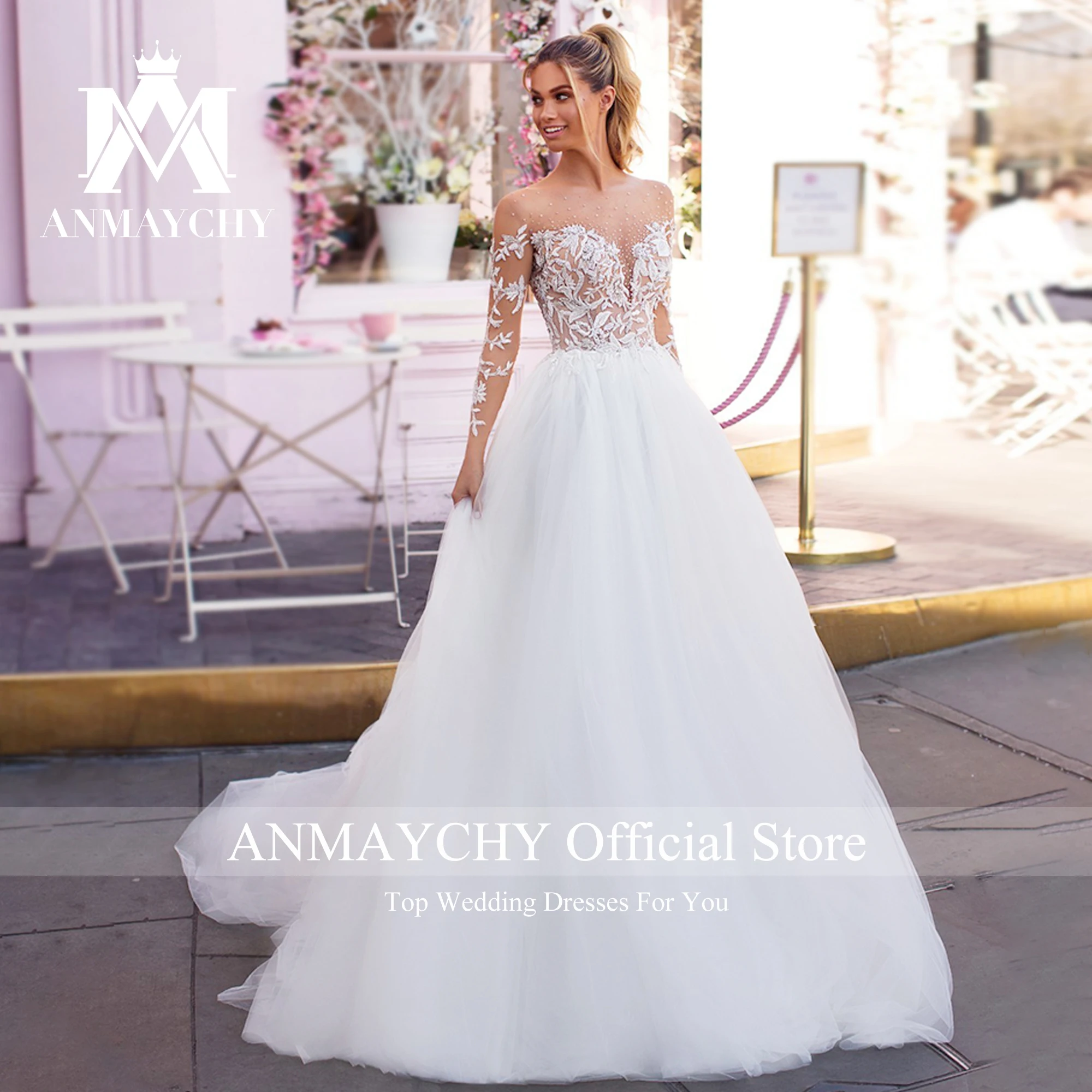 

ANMAYCHY A-Line Wedding Dresses For Women 2023 Long sleeve Sweetheart Appliques Pearls Real Show Wedding Gown Vestido De Novia