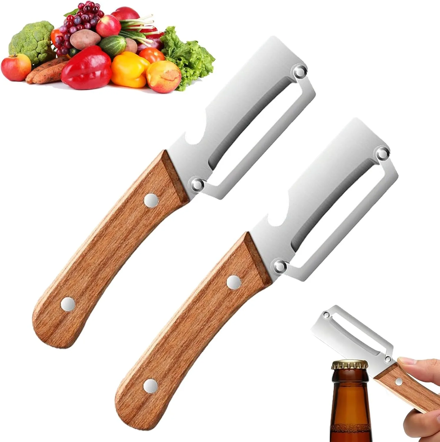 

2 Pcs 2-in-1 Vegetable Peeler Wooden Handle with Bottle Opener, Contour Stainless Steel Peeler for Potato Apple Pumpkin Kitchen Camping