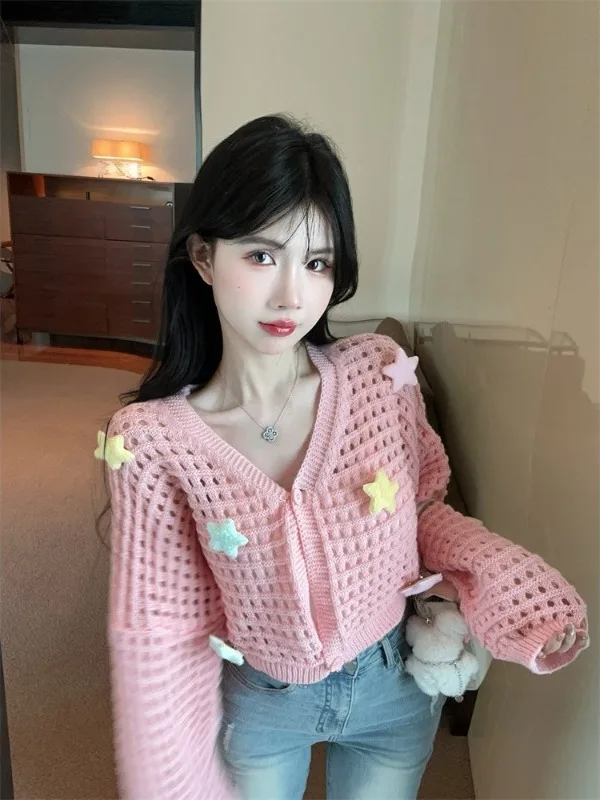 

Женский укороченный вязаный топ Sweet Girl's Loose Knitted Short Top с узором в виде звезд, ажурным дизайном, в нежном стиле, на флисовой подкладке, для осени и зимы