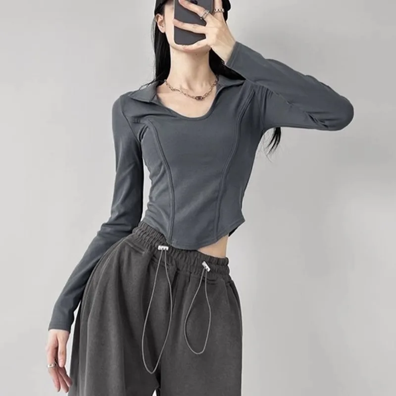 

Wind Spicy Girl Polo Collar Slim Fit Top With Autumn Fishbone Design Long Sleeved T Shirt Base