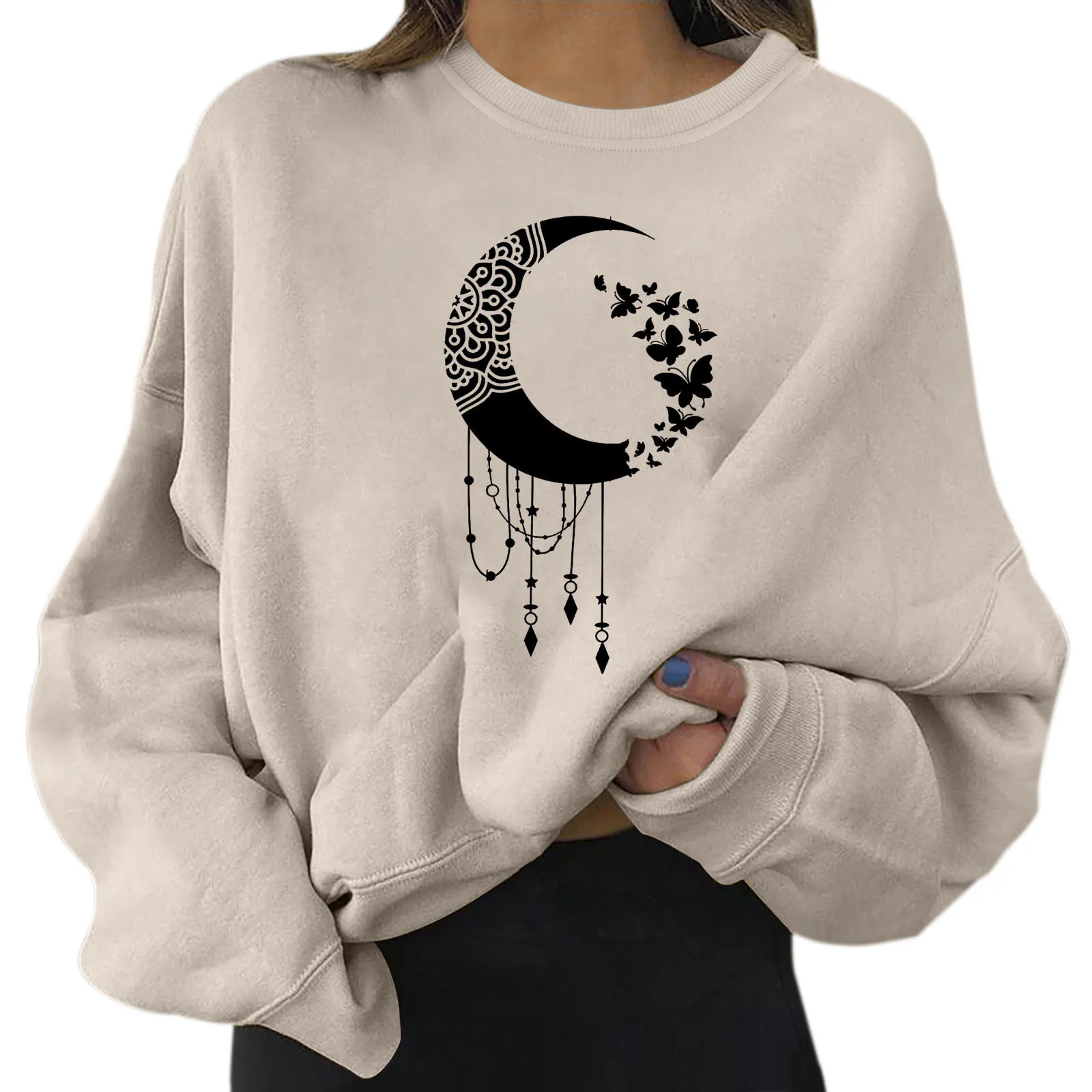 

Harajuku Funny 90s Girl Moon Print Women Pullover Cartoon Graphic Printed Solid Ladies Y2k Hoodless Sweatshirt Casual Woman Top