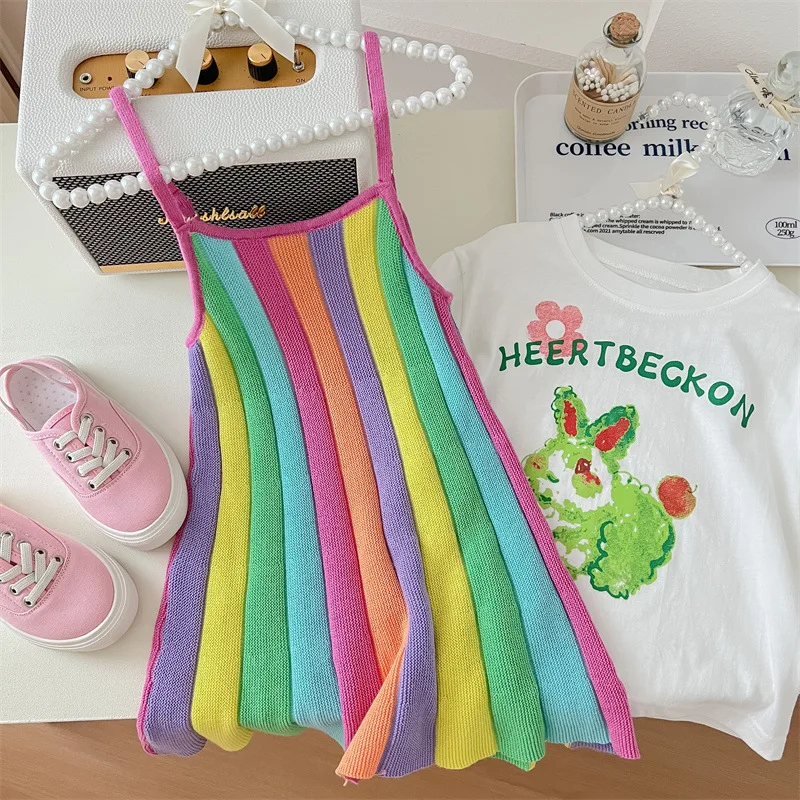 HoneyCherry Girls Summer Fashion Rainbow Color Sling Dress Girls Cartoon T-shirt with Candy-colored Dresses