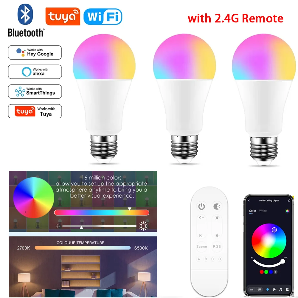 15W Tuya Wifi Smart Light Bulb E27 RGBCCT Dimmable Bubble Bulb AC100-265V 2.4G 4-Zone Remote Control App Voice for Alexa Google