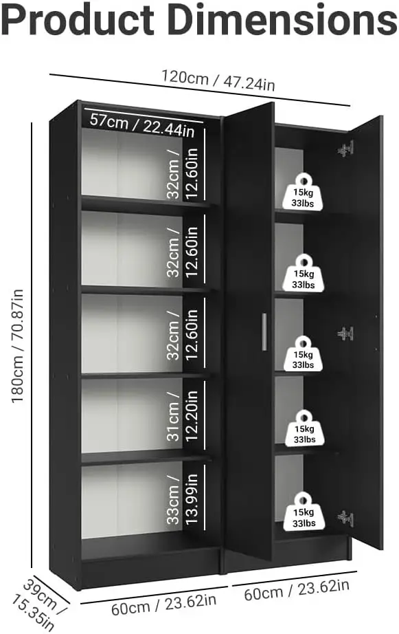 Keukenset 2 voorraadkast met 10 gereedschapsplanken 47 inch houten opbergmeubel voor keuken - zwart