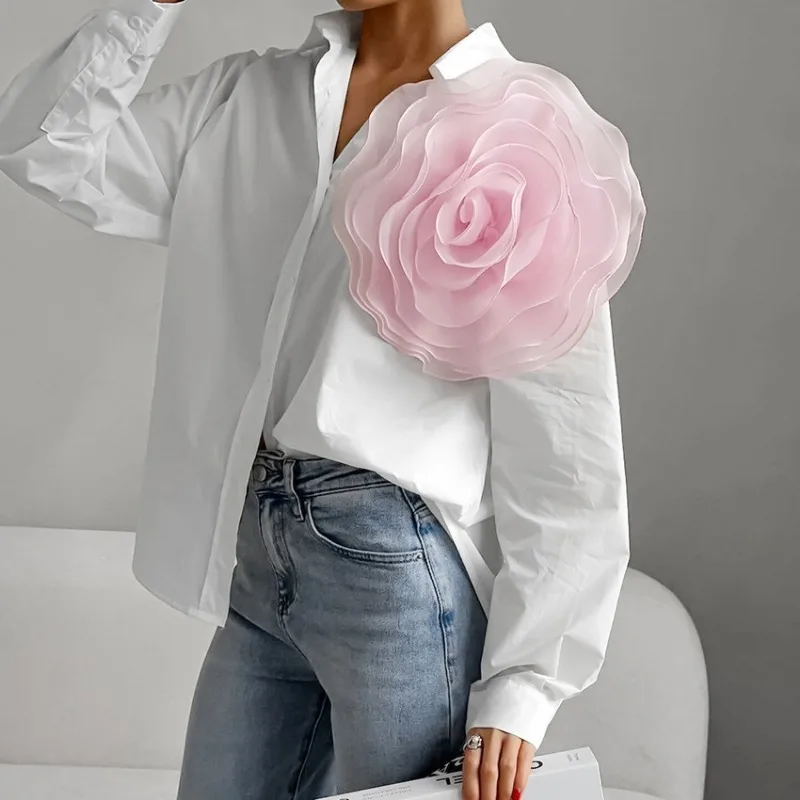 Women's Shirt 2024 New Fashion Lapel Mesh 3D Rose Decor Temperament Commuting Female Clothes Cotton Summer Elegant Women Blouses