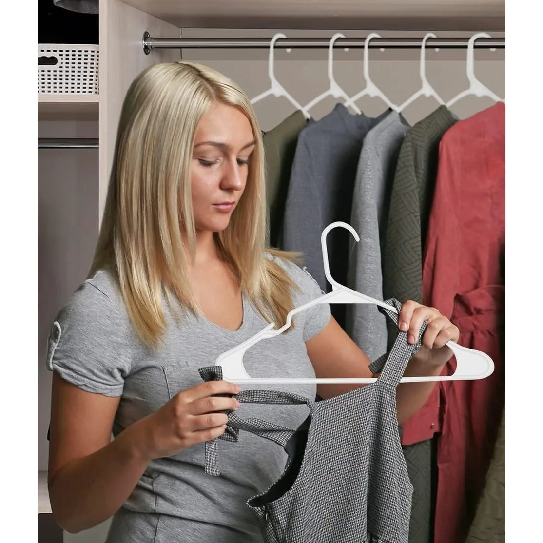 White Plastic Clothes Hangers 7 Pack Ideal for Everyday Standard Use Two Accessory Hooks Value Set