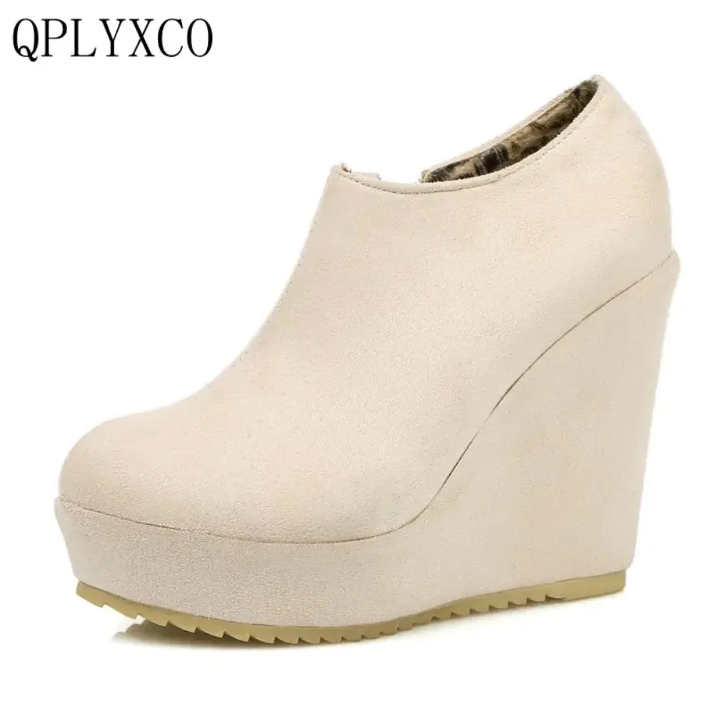 QPLYXCO New Spring Autumn winter Big Size 32-43 Ankle Boots Women short Boots Wedges super high hells 12cm ladies shoes C212