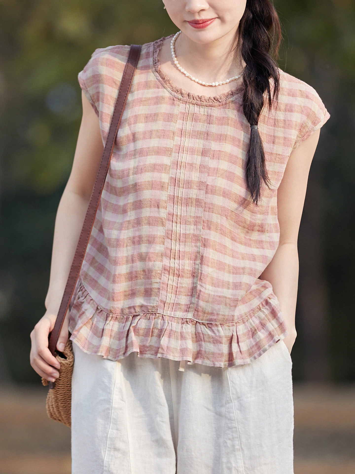 

Gujia 100 Colors Woven Linen Lace Collar Sleeveless Shirt Design Sensation Short Plaid Blouse Original Design Loose Fit Women...
