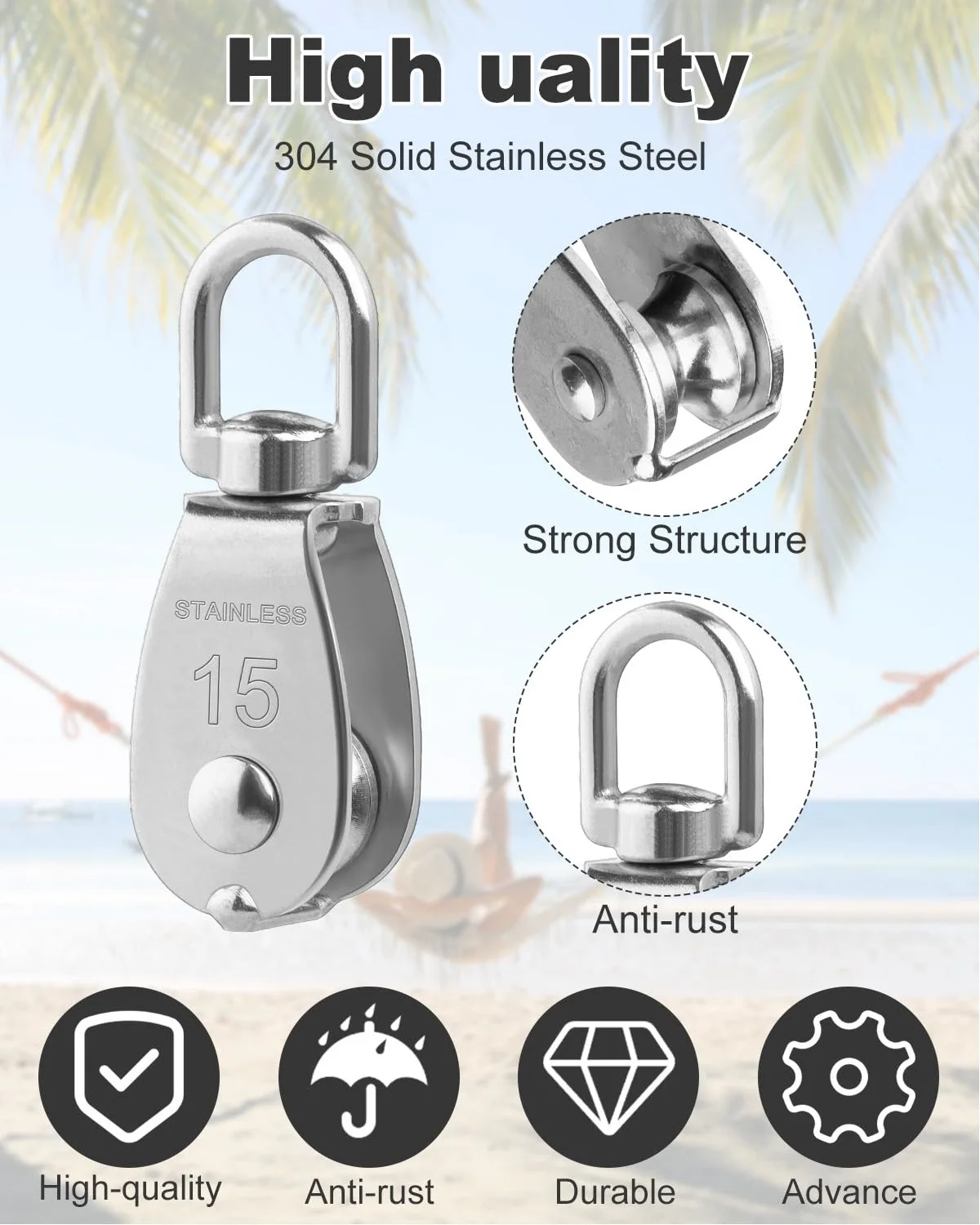 304 Stainless Steel M15 Single Pulley Block, Wire Rope Crane, Lifting Crane Swivel Hook Pulley Block Hanging Wire Towing Wheel