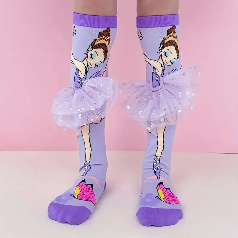 1 pair of ballet girl butterfly pattern children's stockings, sweet wind, socks with glitter gauze skirt decoration.