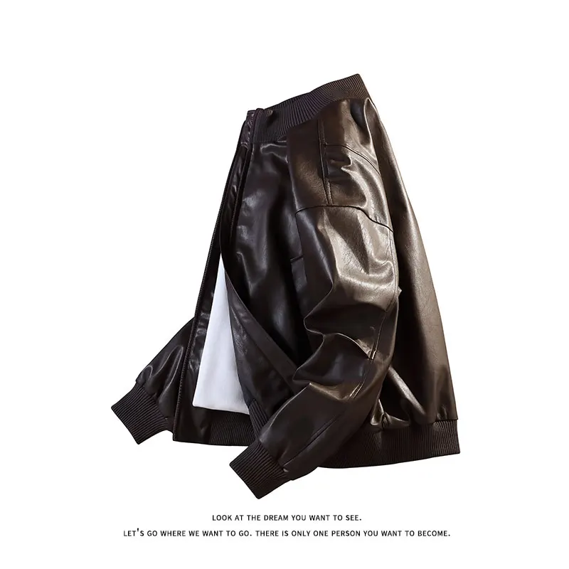 ربيع الخريف قصيرة المتضخم الأسود لينة بولي Leather سترة جلدية الرجال سستة معاطف جلدية ملابس عادية الأمريكية خمر #2