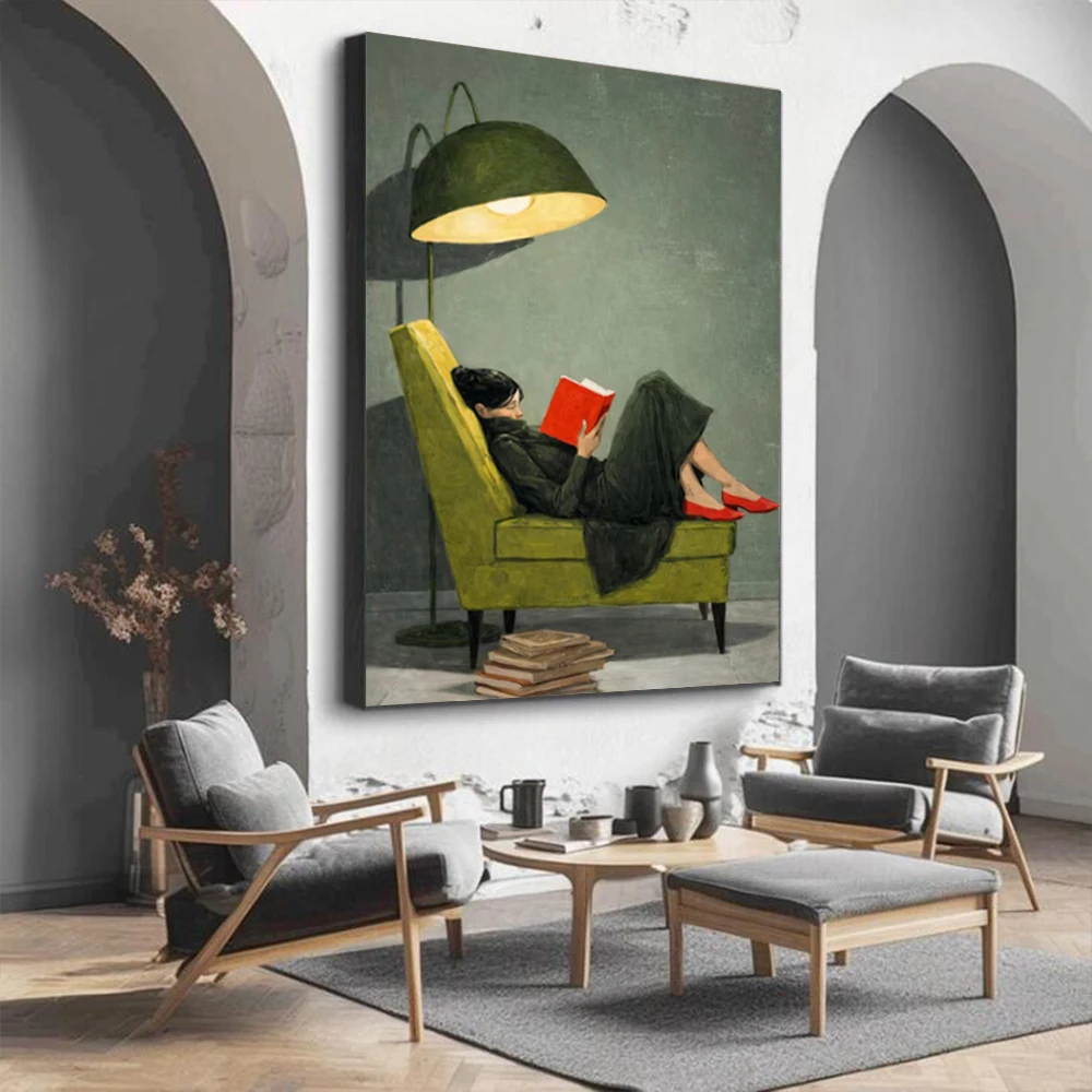 Ladies' Art Handmade Canvas Painting - Warm Reading Time with Red High Heels on Green Chairs Large Wall Decor with Floor Lamps