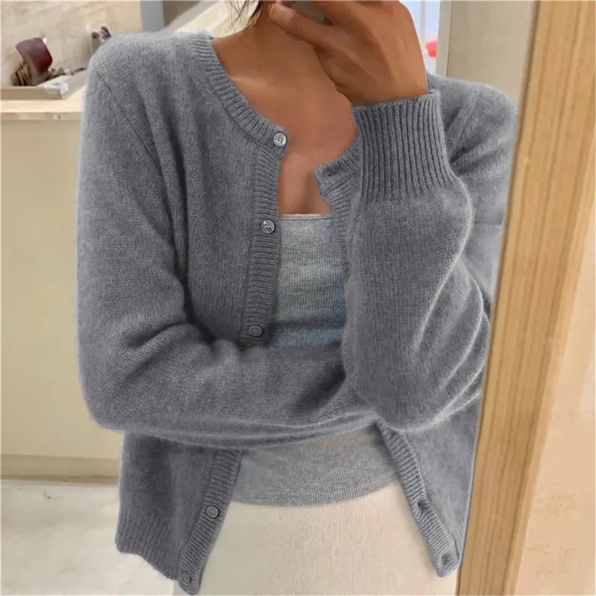 

Solid Color Knit Cardigan Single Breasted Long Sleeve Crew-neck Loose Outwear Women 2024 Autumn Spring Coat Casual Elegant Cloth