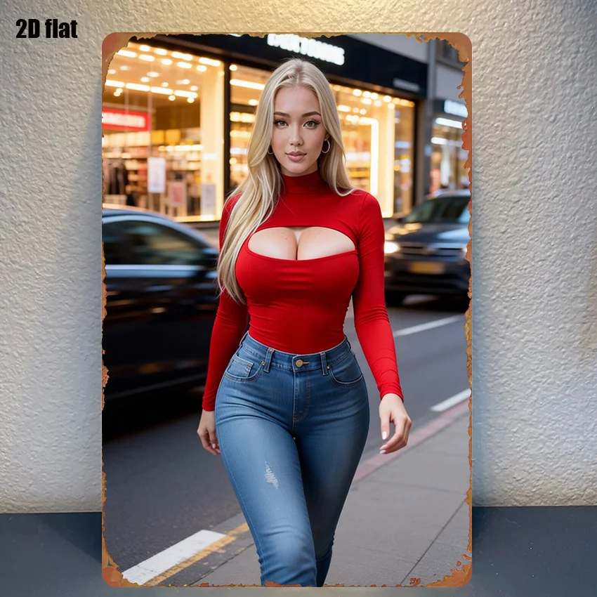 Vintage-Metallschild, rotes Crop-Top, blaue Jeans, Mode, Street-Art, wasserfest, 20,3 x 30,5 cm