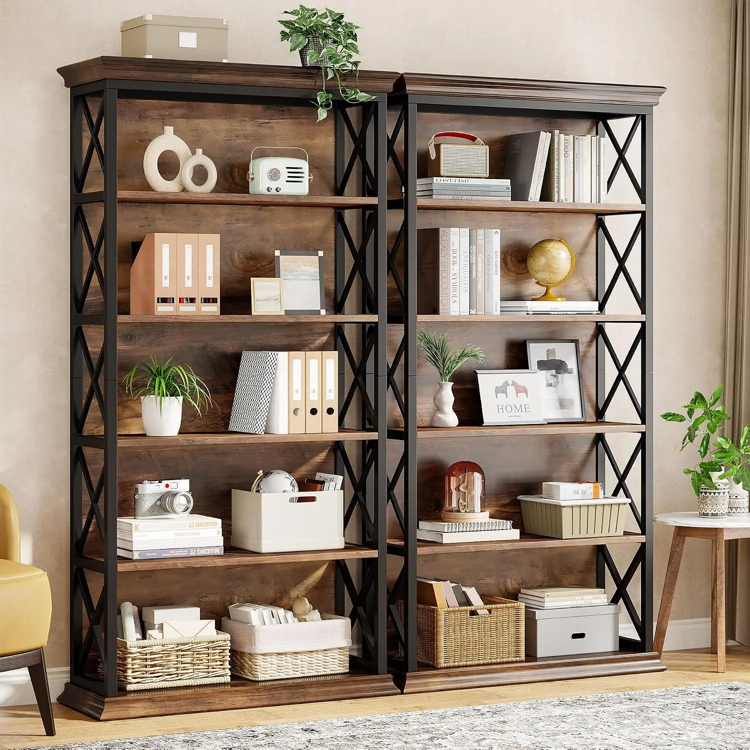 Industrial 6-Tier Bookcase Set of 2, 71 Inch Floor Standing Display Storage Shelf for Home Office Living Room, Customized