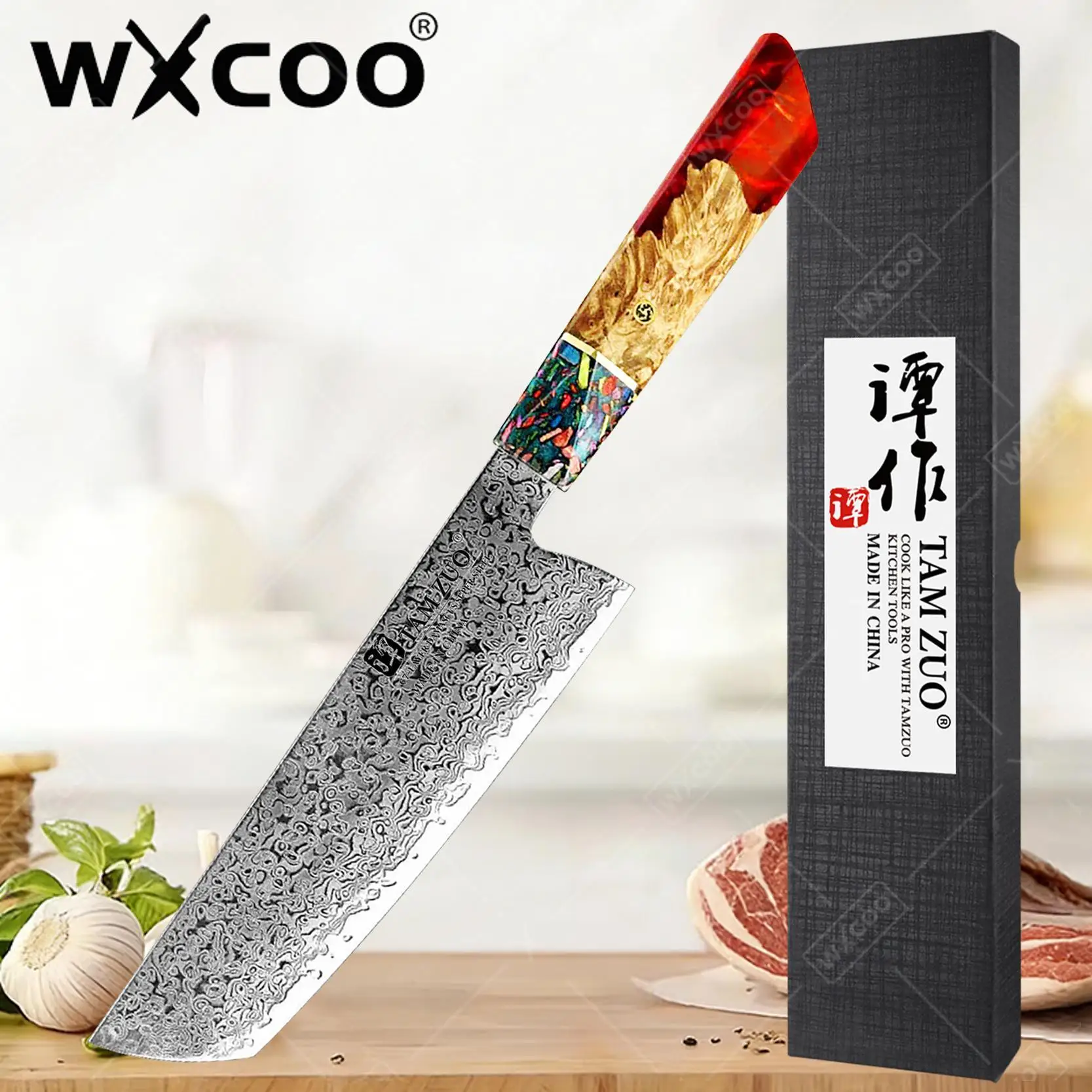 

TAMZUO 7.1 Inch Nakiri Knife Japanese Kitchen Knife 67 Layers Damascus Steel Cutlery with Wood Handle Kitchen Cooking Gift Box
