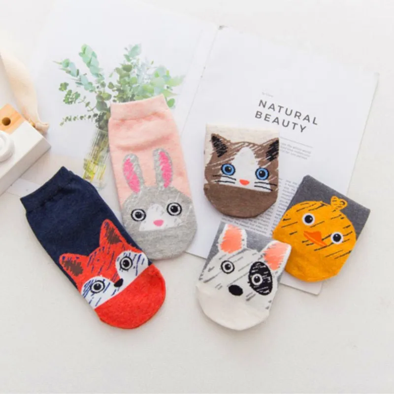 

5 Pairs Korean Cute Harajuku Women Socks Breathable Cartoon Animal Cat Fox Rabbit Dog Duck Funny Ankle Socks Female Happy Sox