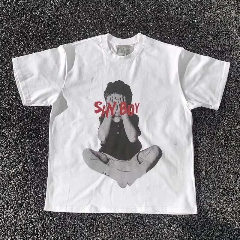 

Unisex Y2K American Vintage Shy Boy Print Short Sleeve Tee 2025 Summer New Hip Hop Couple Oversized Cotton Top Indie Streetwear