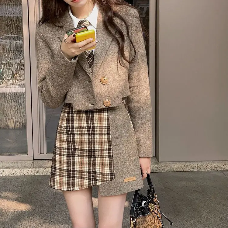 Korea Women Two Piece Set Elegant Plaid Stitching Skirt Suit Patch Short Coffee Blazer + Patchwork Skirt Lovely 2pcs Sets Office