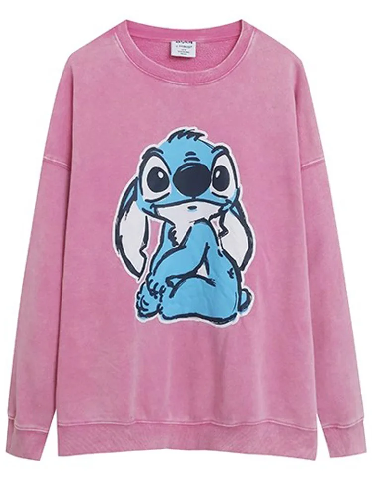 Disney Pink Stitch Little Monster Cartoon Print Distress Washing Jacket Sweatshirt Women O-Neck Jumper Tops + Trousers Pants