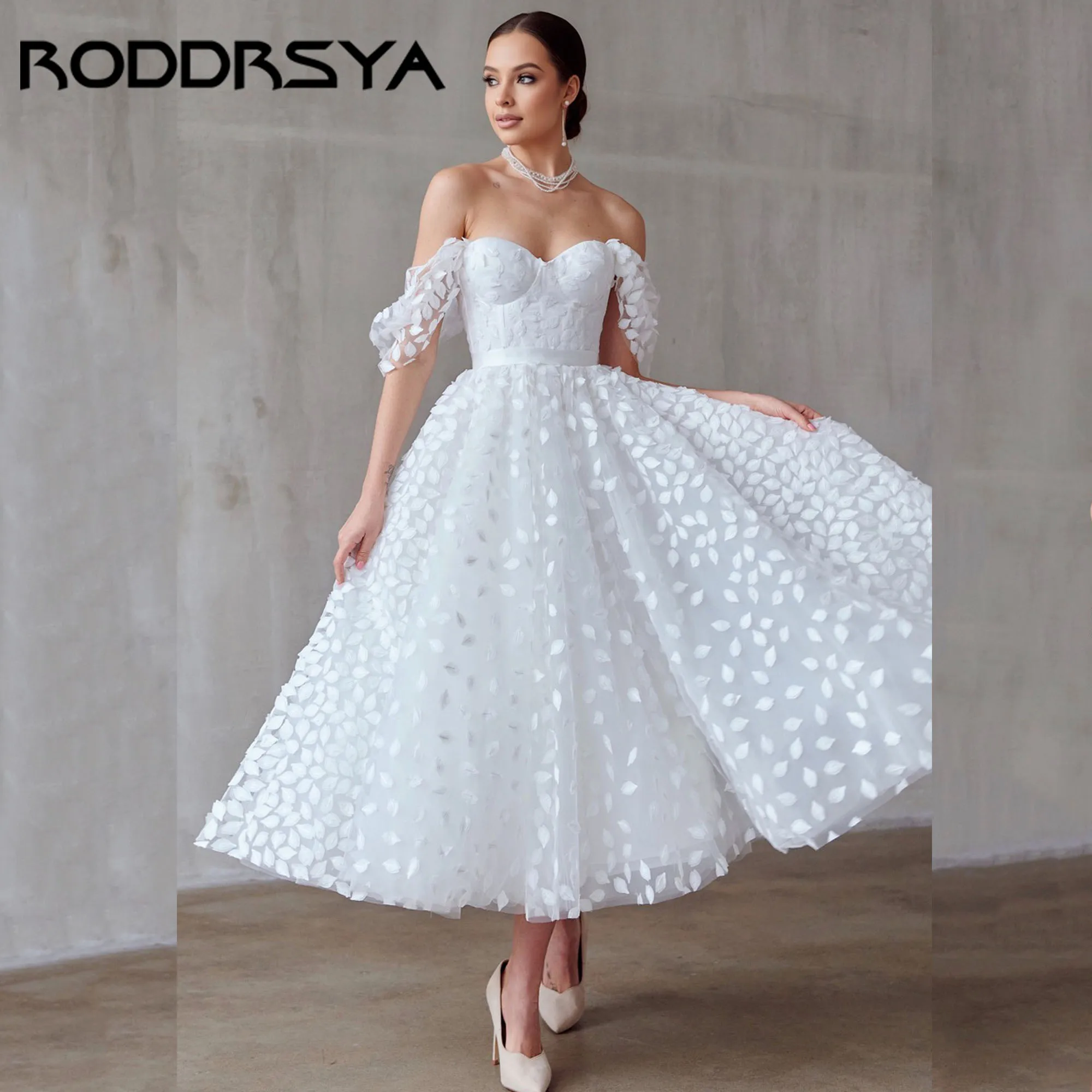 

RODDRSYA Sweetheart Appliques Wedding Dress Off Shoulder Tea-Length Tulle Bride Gown Backless Romantic robe de mariée Customized