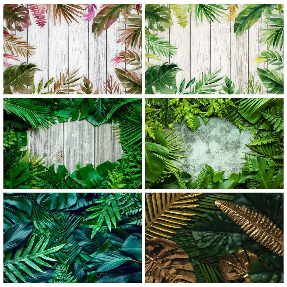 

Photography Backdrops Tropical Green Grass Leaves Wooden Board Decoration Custom Summer Holiday Plank Party Photo Backgrounds