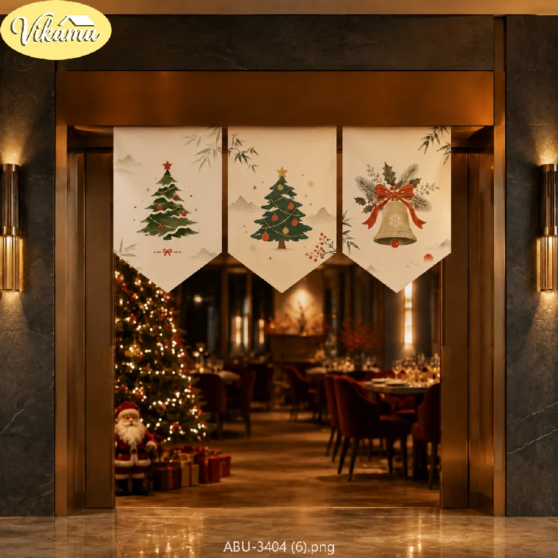 VIKAMA Christmas Triangle Banners, Chinese Ink-Style Christmas Tree Bell Print Triangle Banners, Porch and Wall Home Decor