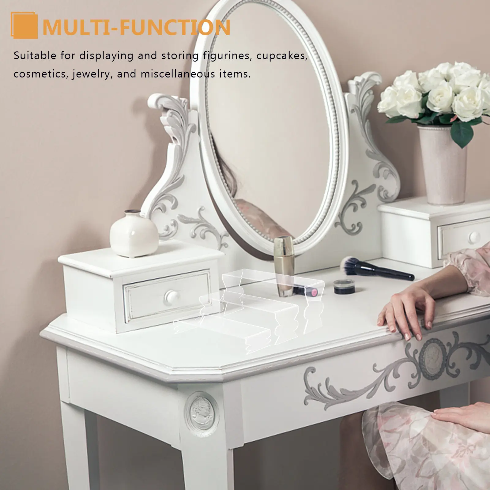 3Pcs Acrylic Display Stand Set Multifunctional Tiered Riser for Cosmetics Jewelry Crafts Collections Sleek Modern