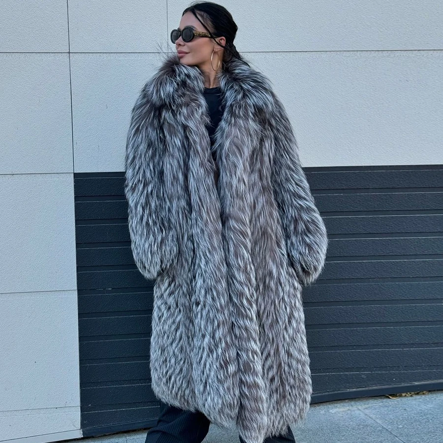 Real Fox Fur Coats Winter Warm Fox Fur Jackets Womens Silver Fox Fur Overcoats Hot Selling