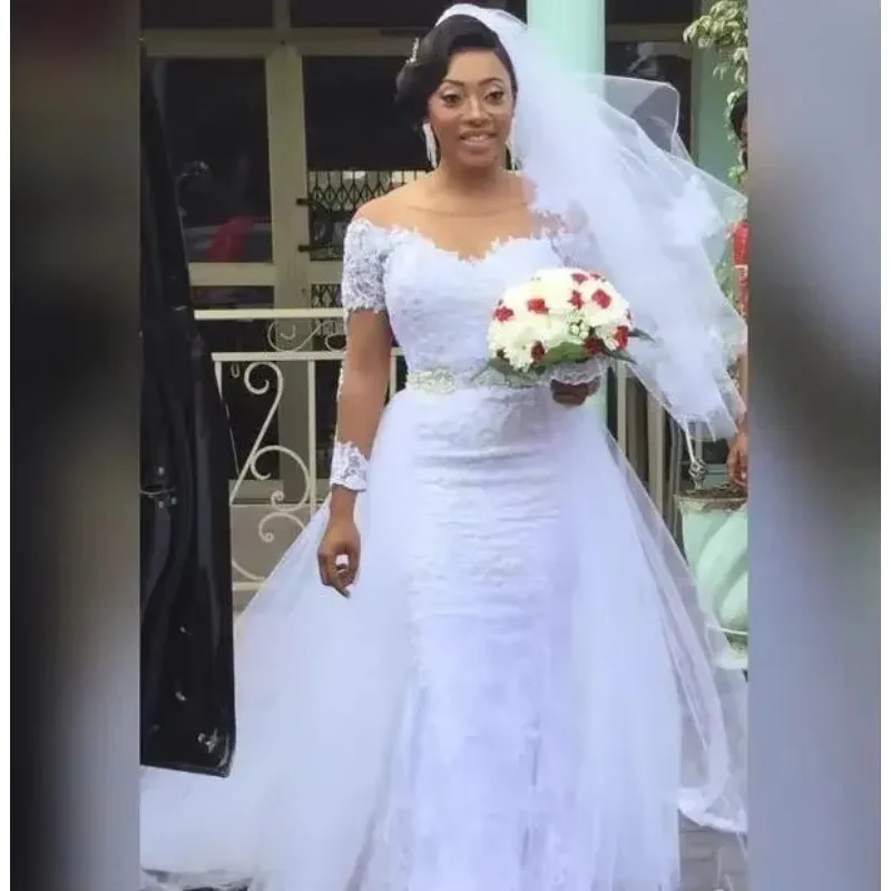 Customized African Wedding Dresses White Lace Long Sleeve Beading Belt Mermaid Removable Skirt Bridal Gowns