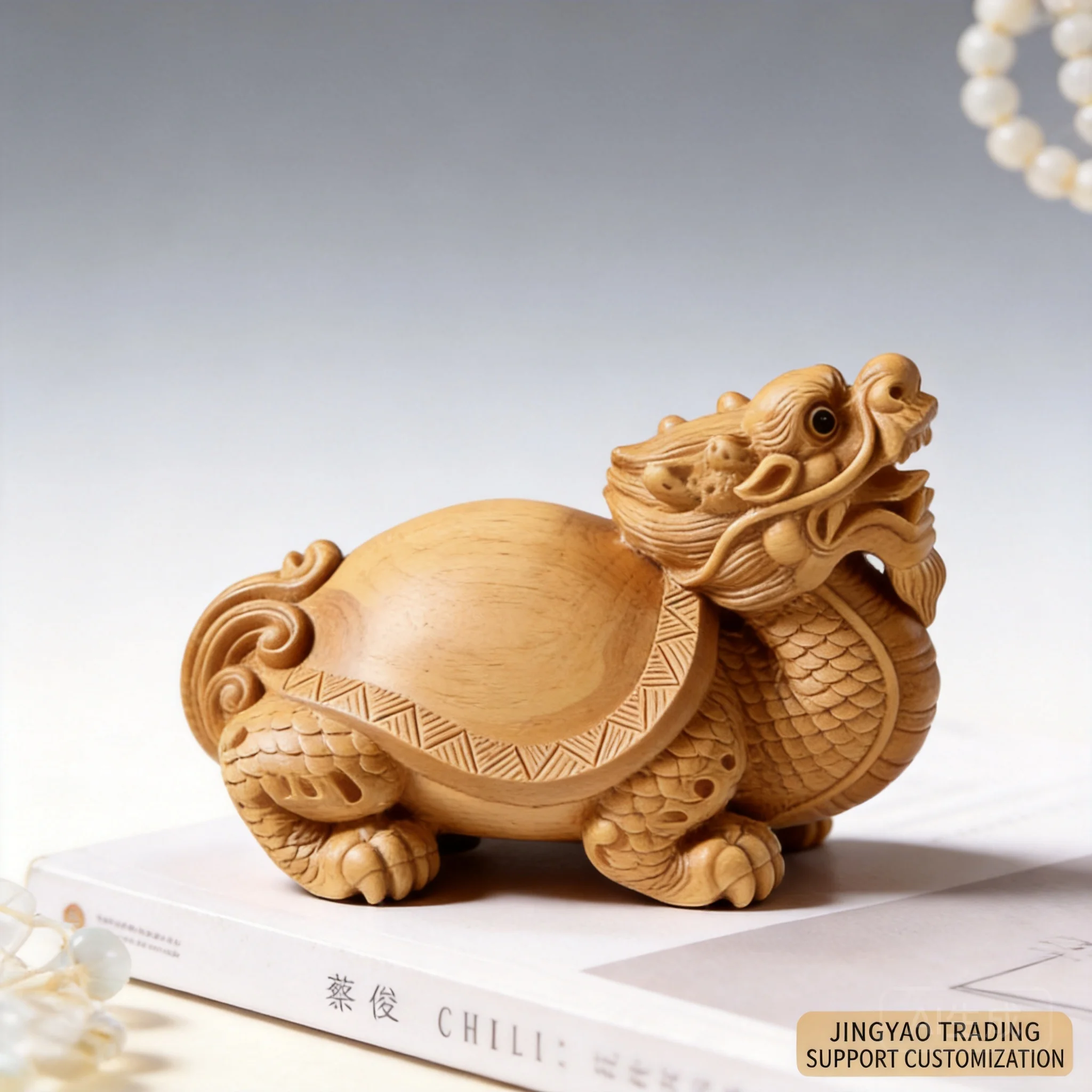 Chinese Traditional Cypress Wood Carved Dragon Turtle Lucky Fortune Feng Shui Ornament For Home Office Desk Tea Room Decor Craft