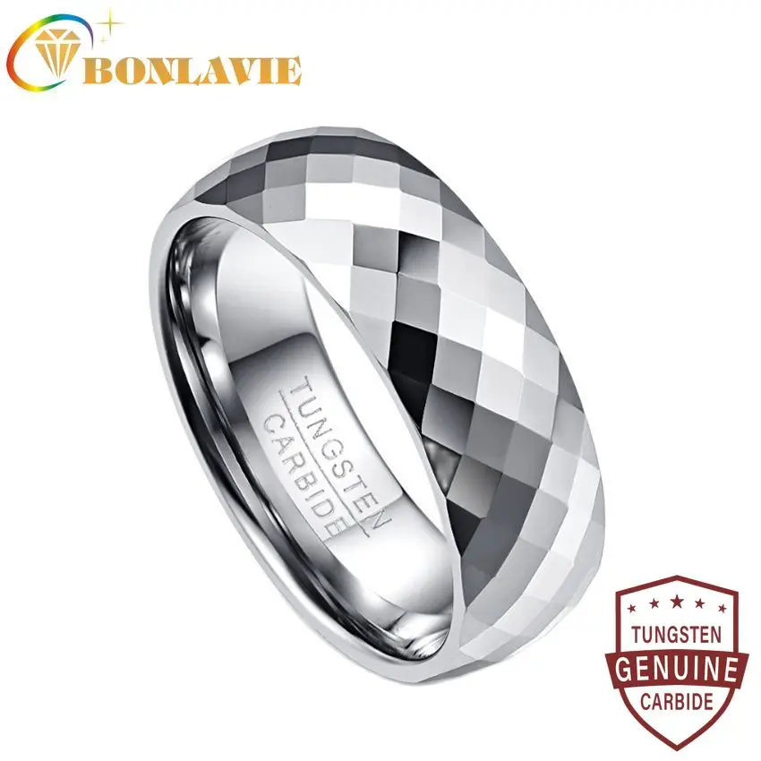 BONLAVIE Hot Sell Men's 7.5mm Tungsten Carbide Ring Wedding Band Multi-Faceted High Polished Domed Comfort Fit Size 7-12