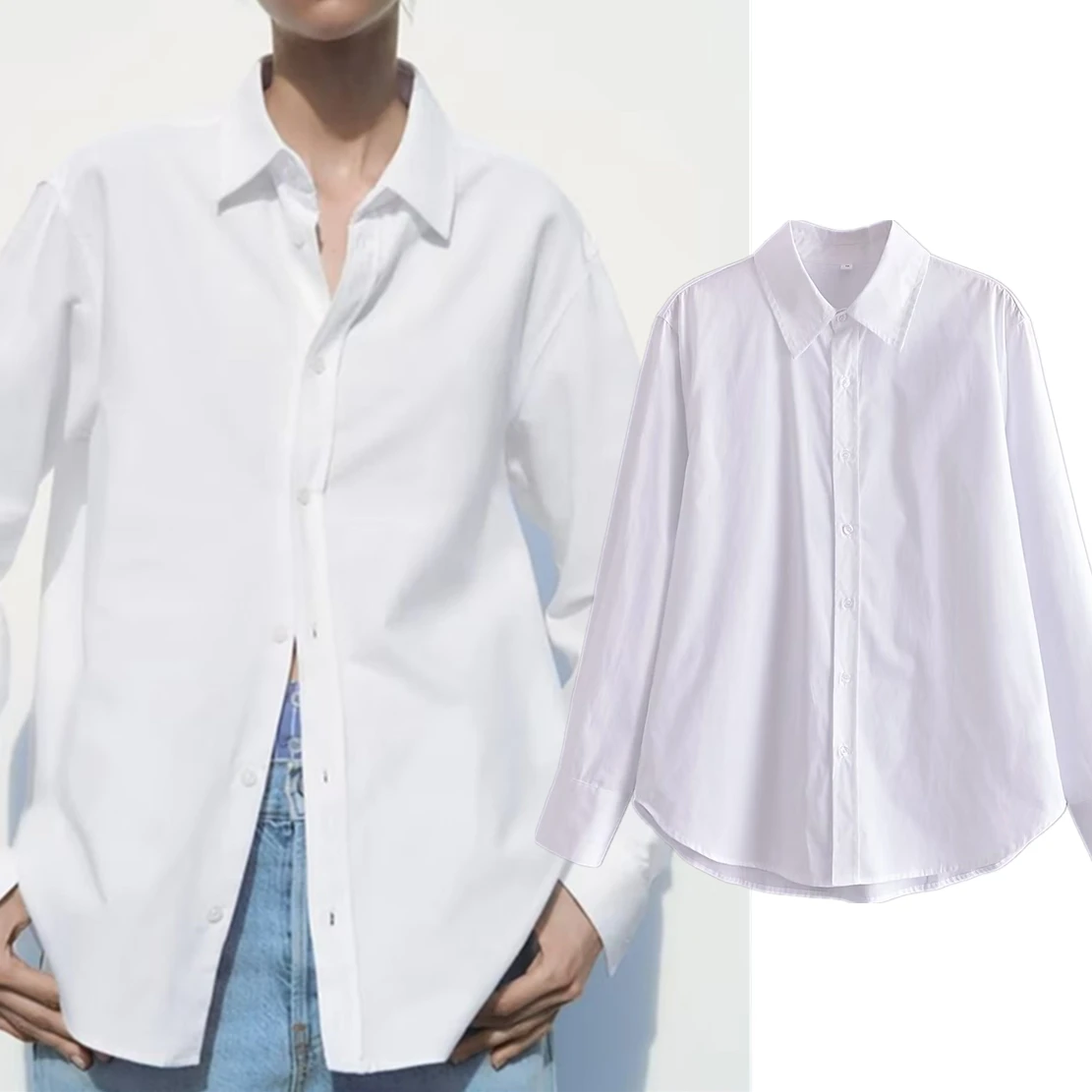 

Jenny&Dave England Style Fashion SImple Basic Blouse Women Shirt White Color Poplin Cotton Loose Long Sleeve Casual Tops