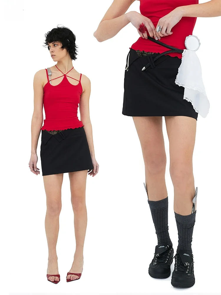 

Летний повседневный сексуальный короткий костюм с юбкой и топом с воротником, с кружевными вставками и дизайном на талии, женская мода