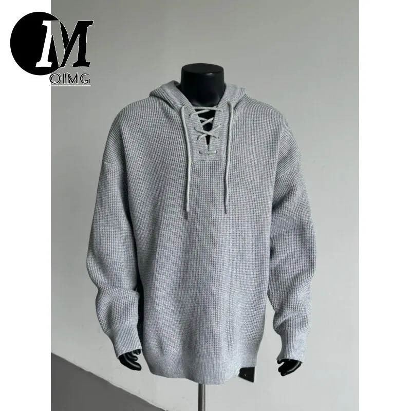 [oimg] Tie Rope Design Hooded Loose American High Street Knit Sweater Jacket High-quality