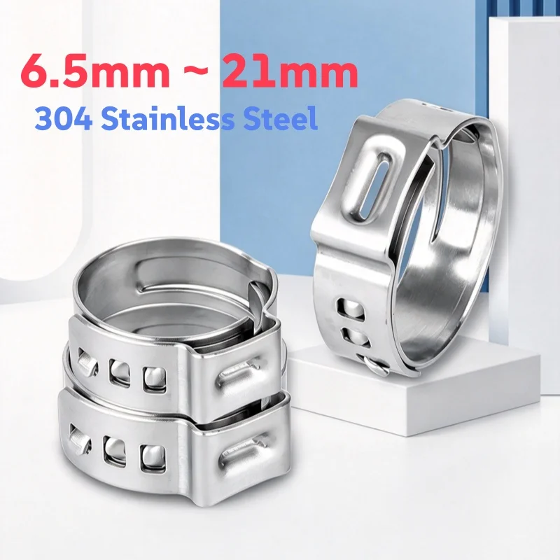 304 Stainless Steel 6.5 ~ 21mm Single Ear Cinch Rings Fittings Crimp Pinch Pipe Connections Clamps for Fuel Water Air Pipe