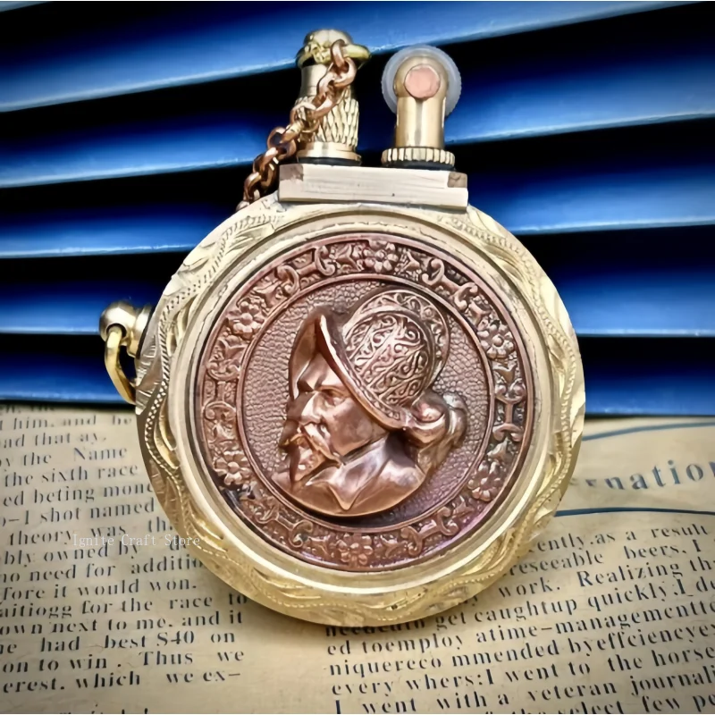 Brass&purple copper inlaid pocket watch shaped fuel lighter, vintage antique lighter, cigarette accessory, men's gift
