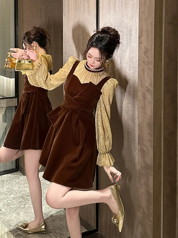 Spring New Women's French Style Round Neck Waist Puff Sleeves Waist Fake Two-Piece Dress