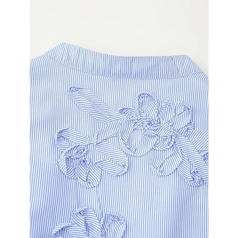 YENKYE 2025 Damesmode Textuur Gestreepte Blauwe Blouse Lange Mouw V-hals Casual Herfst Tops