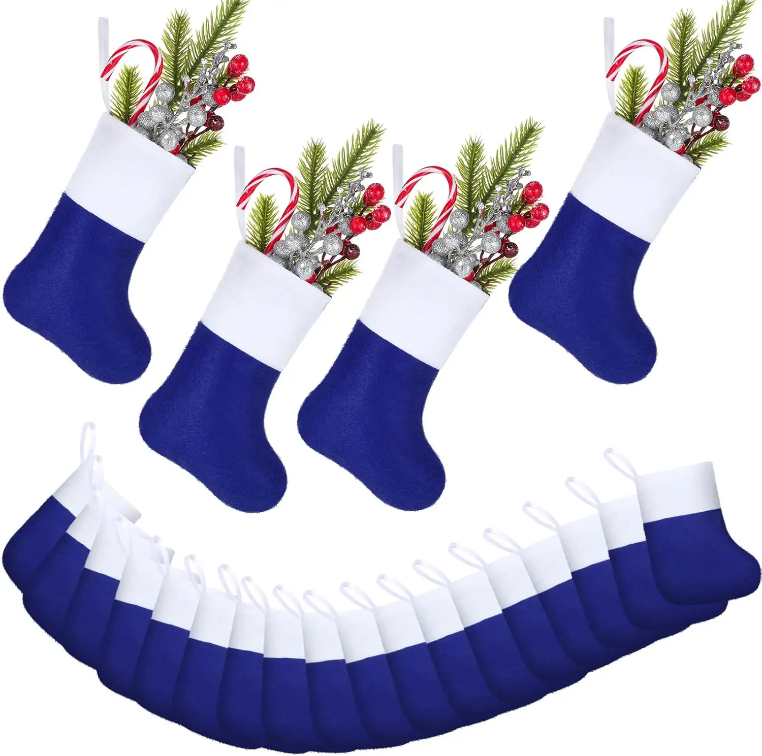 

36 Pcs 7.5' Mini Christmas Stockings, Felt Hanging Ornaments with White Cuff, Blue & White Rustic Holiday Decor for Tree, Gift C