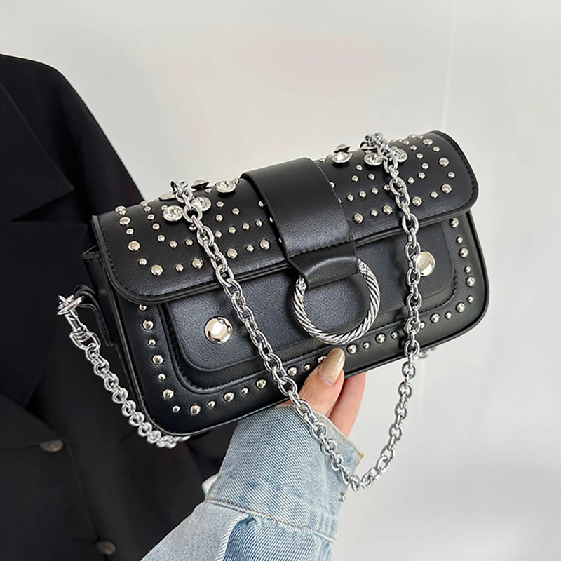 

Shoulder Bag for Women 2026 New Punk Style Underarm Bag PU Leather Rock Fashion Handbags with Rivet Trendy Small Crossbody Bag