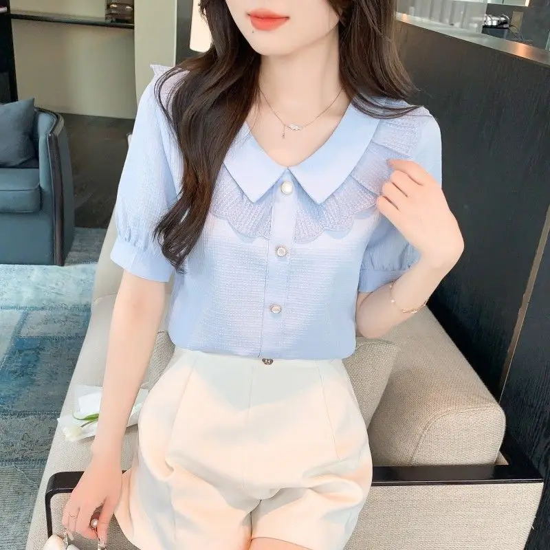 

Women's Knit Blouse Peter Pan Collar with Lace Trim Puff Short SleevesYY250